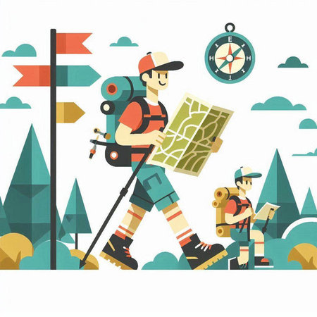 Hiking man with backpack and compass. Vector illustration in flat styleのイラスト素材