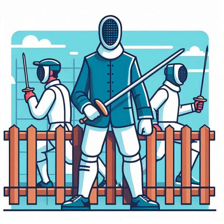 Fencing. Cartoon vector illustration of a fencer with a sword in his hand.のイラスト素材