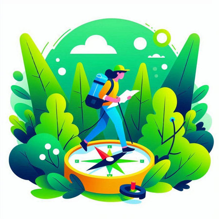 Tourist with map and compass on green background. Vector illustration.のイラスト素材