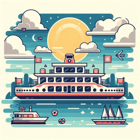 Vector illustration of a cruise ship on the ocean in flat style.のイラスト素材