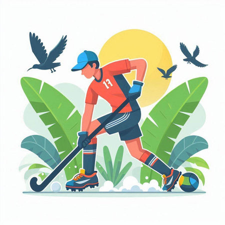Hockey player on roller skates and flying birds. Flat vector illustration.のイラスト素材
