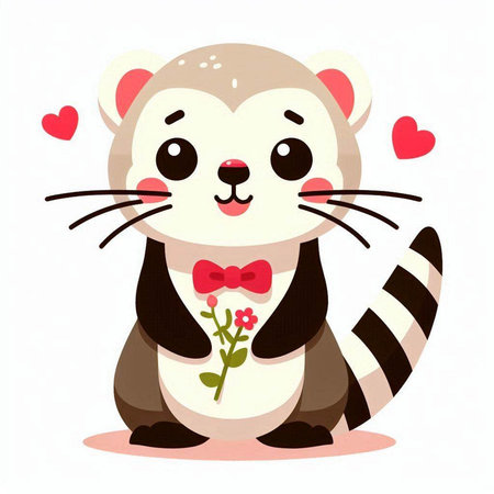 Cute cartoon raccoon with a rose in his hand. Vector illustration.のイラスト素材