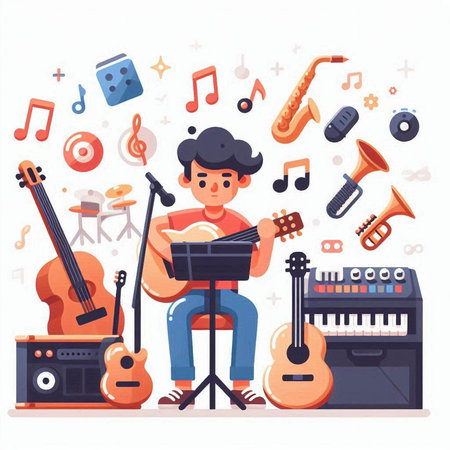 Musical instruments flat vector illustration. Cartoon musician playing guitar and singing.のイラスト素材