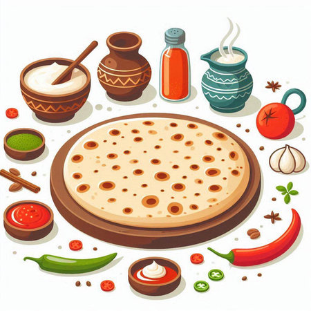 Illustration of a pizza with spices and ingredients on a white backgroundのイラスト素材