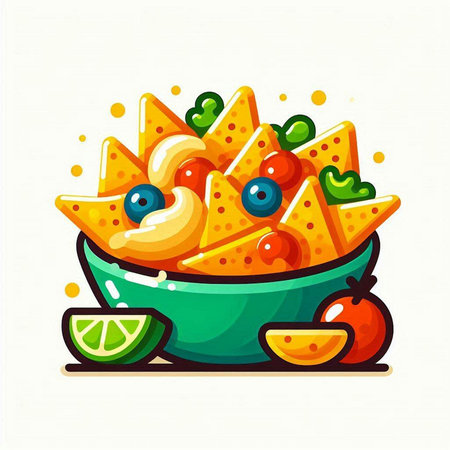 Nachos in bowl with lime and tomato. Vector illustration.のイラスト素材