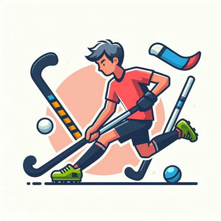 Vector illustration of a man playing hockey. Sportsman with hockey stick and puck.のイラスト素材