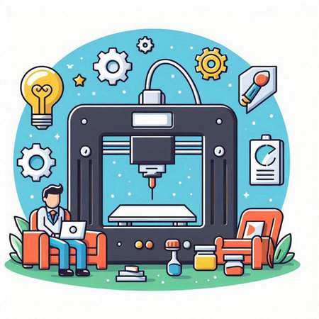 3d printer and people working in the office. Vector illustration.のイラスト素材