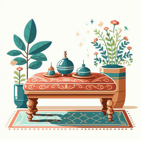 Vector illustration of the interior of the room with furniture and decorative plantsのイラスト素材