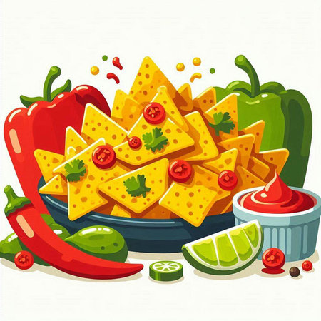 Mexican food vector illustration. Nachos with salsa and guacamoleのイラスト素材