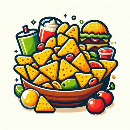 Mexican food vector illustration. Nachos, chips and sauces in bowl.のイラスト素材