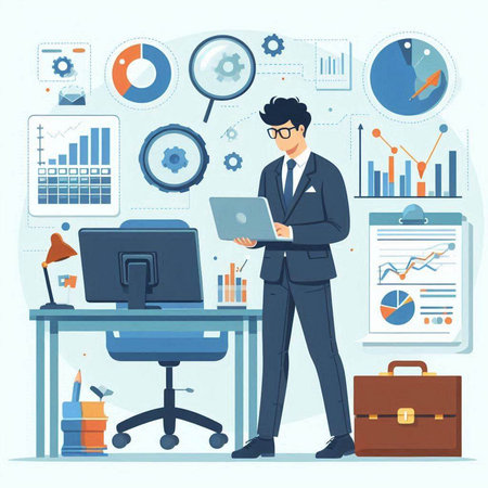 Businessman working in office. Vector illustration in flat cartoon style.のイラスト素材