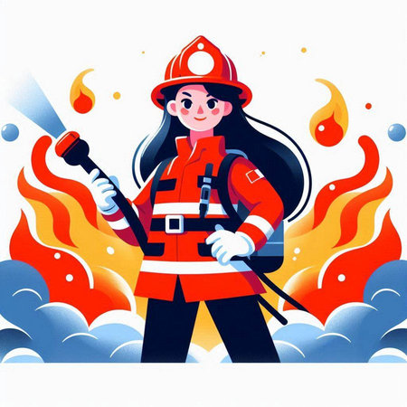 Firefighter girl in uniform with fire extinguisher. Vector illustration.のイラスト素材