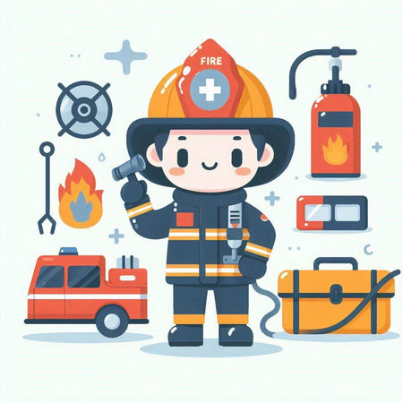 Fireman with tools and equipment. Flat design. Vector illustration.のイラスト素材