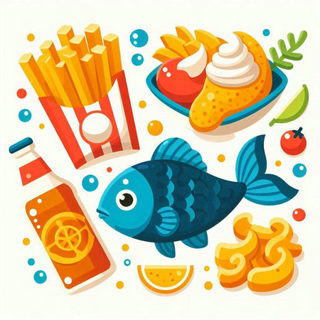 Fried fish with sauce and fries. Vector illustration in cartoon styleのイラスト素材
