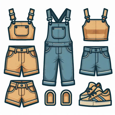 Vector set of denim shorts, overalls, sneakers and suspendersのイラスト素材