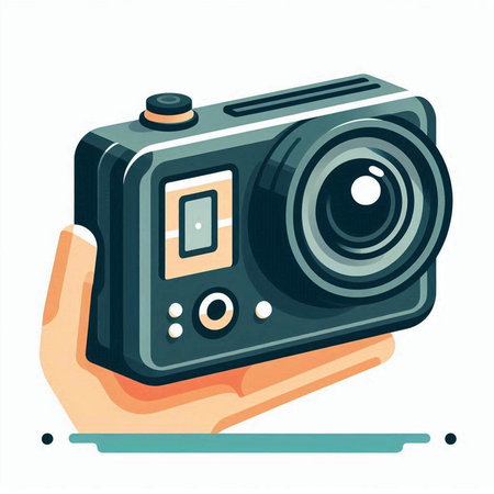Camera in hand. Vector illustration in flat style. Isolated on white background.のイラスト素材