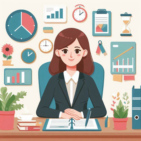 Business woman working in office. Vector illustration in flat cartoon style.のイラスト素材