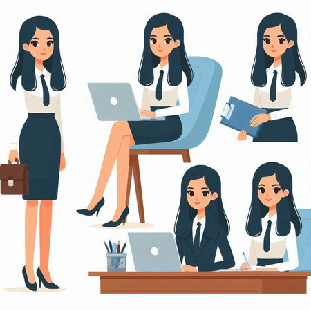 Business woman in office. Vector illustration in flat style. Set of female characters.のイラスト素材