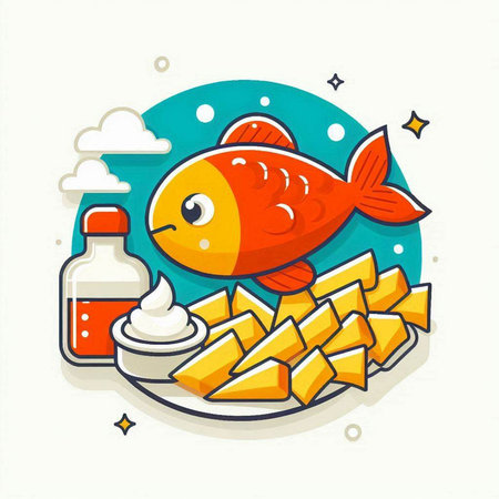 Illustration of a fish with french fries and sauce, vector illustrationのイラスト素材