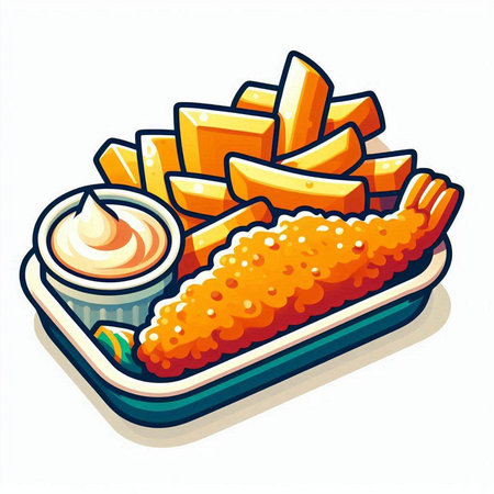 Illustration of fish and chips with mayonnaise and mayonnaiseのイラスト素材