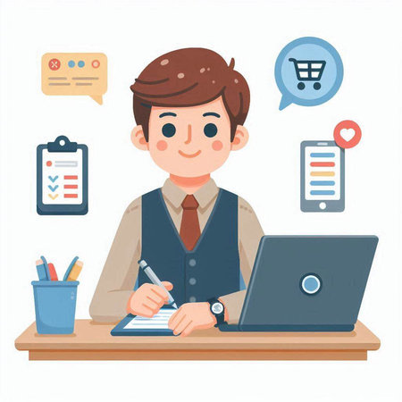 Businessman working at office desk with laptop. Vector illustration in flat styleのイラスト素材
