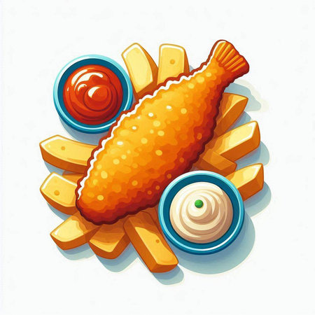 Illustration of fried fish with ketchupnnaise and mayonnaiseのイラスト素材