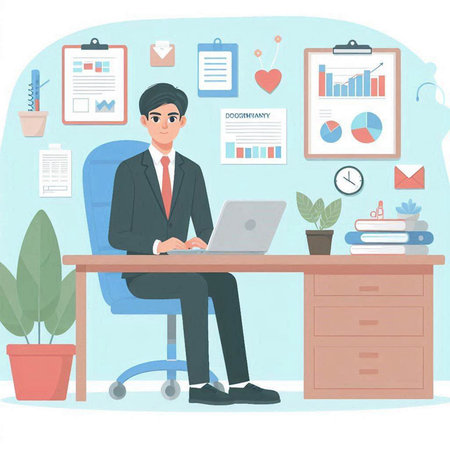 Businessman working at office. Vector illustration in flat cartoon style.のイラスト素材