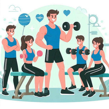 Vector illustration of group of people exercising with dumbbells in gymのイラスト素材