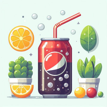Soda drink with fruits and leaves. Vector illustration in flat styleのイラスト素材