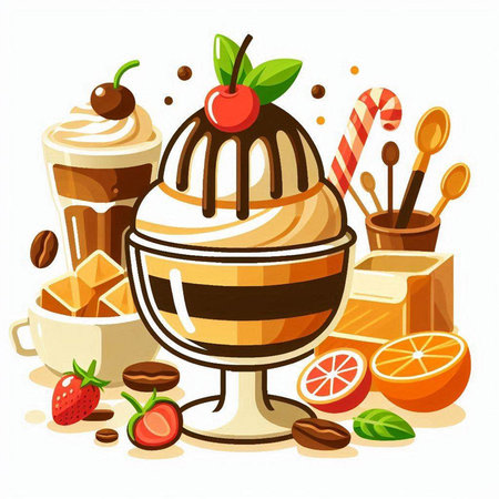 Coffee and desserts set. Ice cream, ice cream, chocolate, caramel, cup of coffee, orange, whipped cream, coffee beans. Vector illustrationのイラスト素材