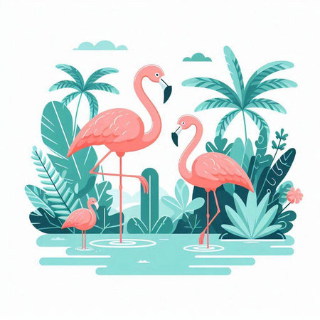 Flamingo in the tropics. Vector illustration in flat styleのイラスト素材