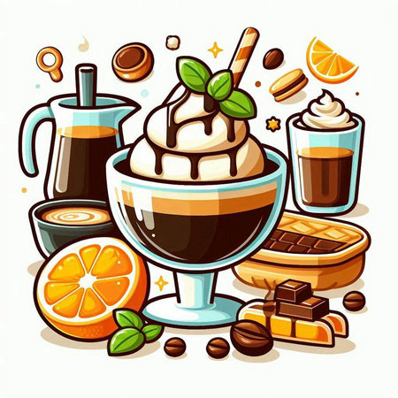 Coffee set with ice cream, waffles, coffee beans, chocolate and orange. Vector illustration.のイラスト素材