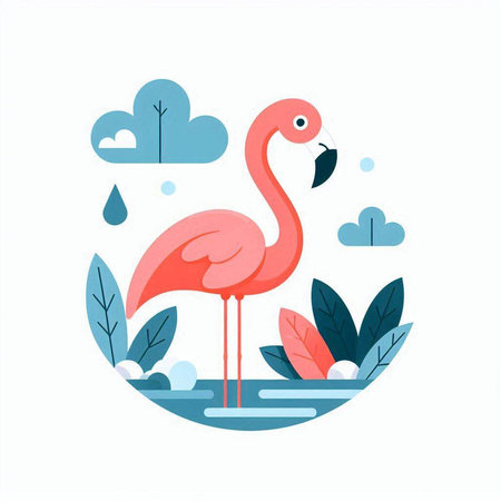 Pink flamingo in the water. Vector illustration in flat style.のイラスト素材