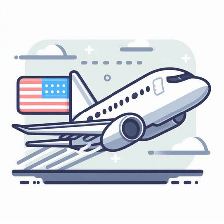 Airplane with USA flag on white background. Vector illustration in flat style.のイラスト素材