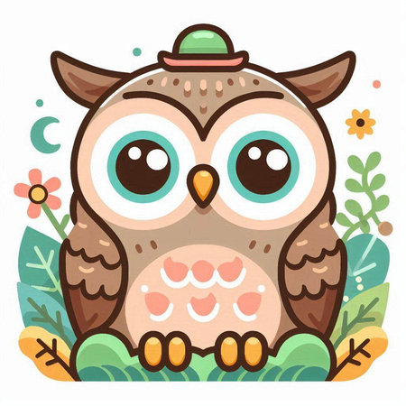 Cute owl in a hat and flowers. Vector cartoon illustration.のイラスト素材