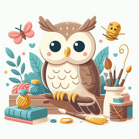 Vector illustration of a cute owl sitting on a branch, surrounded by tools and flowers.のイラスト素材
