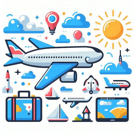 Airplane, travel, tourism, journey, journey, vacation. Vector illustration.のイラスト素材