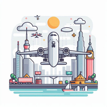 Airplane flying over the city. Vector illustration in flat style.のイラスト素材