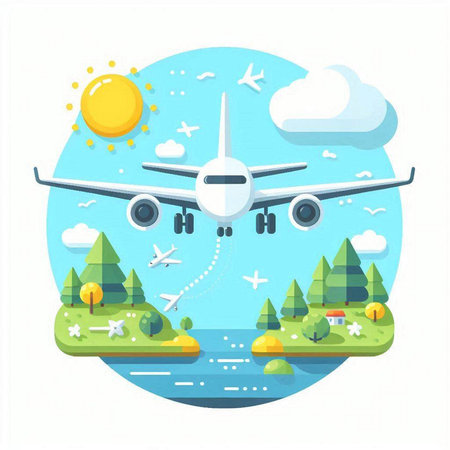 Airplane in the sky. Travel and tourism concept. Vector illustrationのイラスト素材