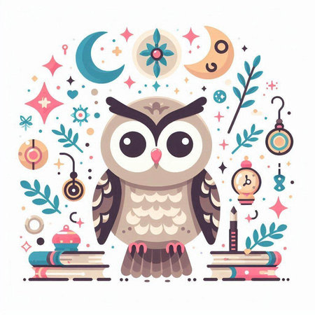 Cute owl and books. Vector illustration in a flat style.のイラスト素材
