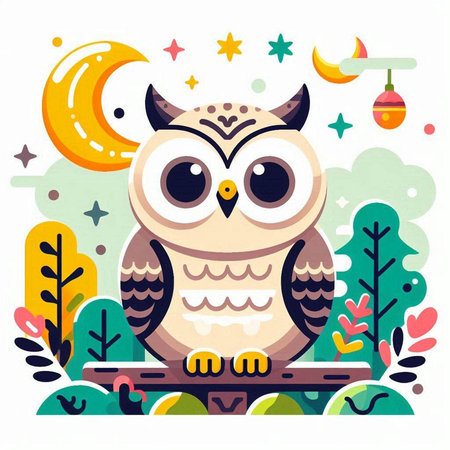 Cute owl in the forest. Vector illustration in flat style.のイラスト素材