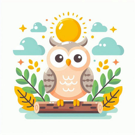 Cute owl with sun and clouds. Vector illustration in cartoon style.のイラスト素材