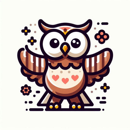 Owl with heart and flowers. Vector illustration in cartoon style.のイラスト素材