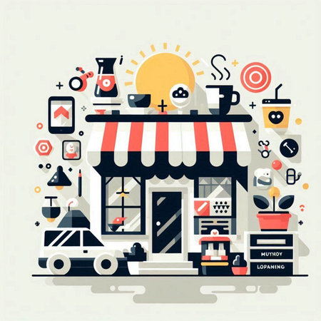 Flat design vector illustration concept of cafe, coffee shop, restaurant, coffee house, coffee shop with icons.のイラスト素材