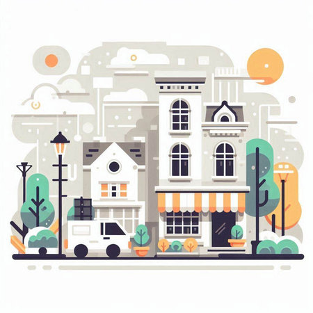 City street with houses, cars, trees and lanterns. Flat style vector illustration.のイラスト素材