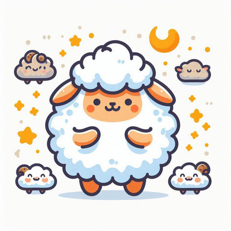 Cute sheep with cloud and moon. Vector illustration in cartoon style.のイラスト素材