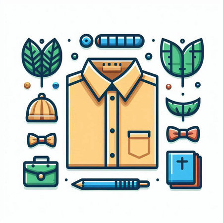 Vector line art icon set of men's shirt, bow tie, briefcase and other things. Modern flat style design.のイラスト素材