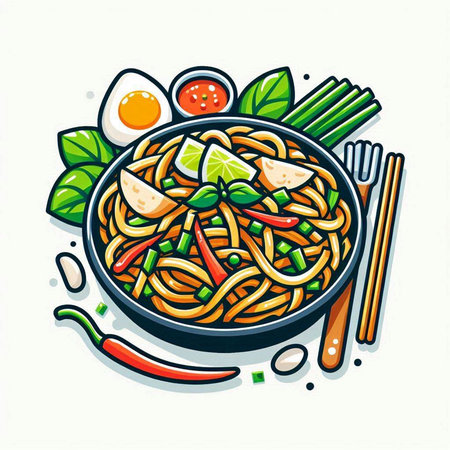 Noodles with vegetables and eggs in a bowl. Vector illustration.のイラスト素材