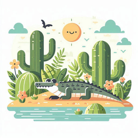 Crocodile and cacti in the desert. Vector illustrationのイラスト素材
