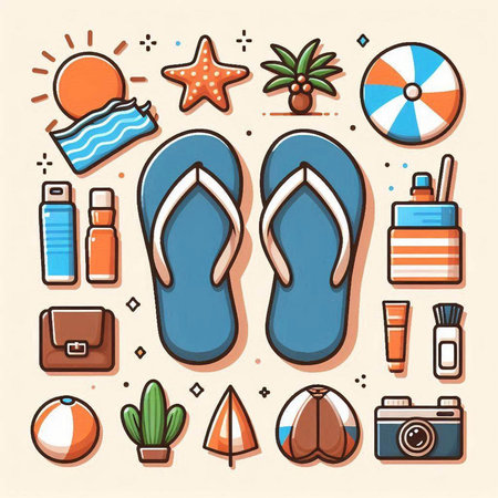 Beach vacation icons set with flip flops, camera, sandals, palm trees and other elementsのイラスト素材